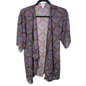 Lulu Roe Womens Sz S Multicolor Geometric Short Sleeve Lightweight Kimono Cardi